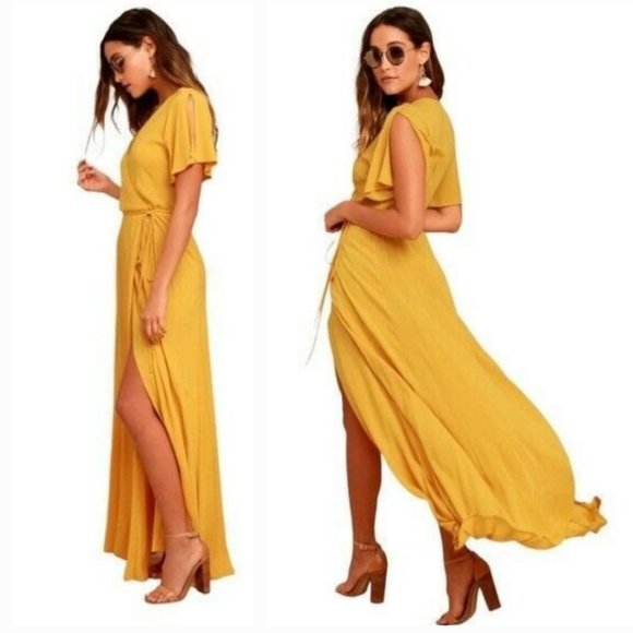 Lulu’s Much Obliged Golden Yellow Wrap Maxi Dress Adjustable Waist Tie XS - Picture 2 of 9